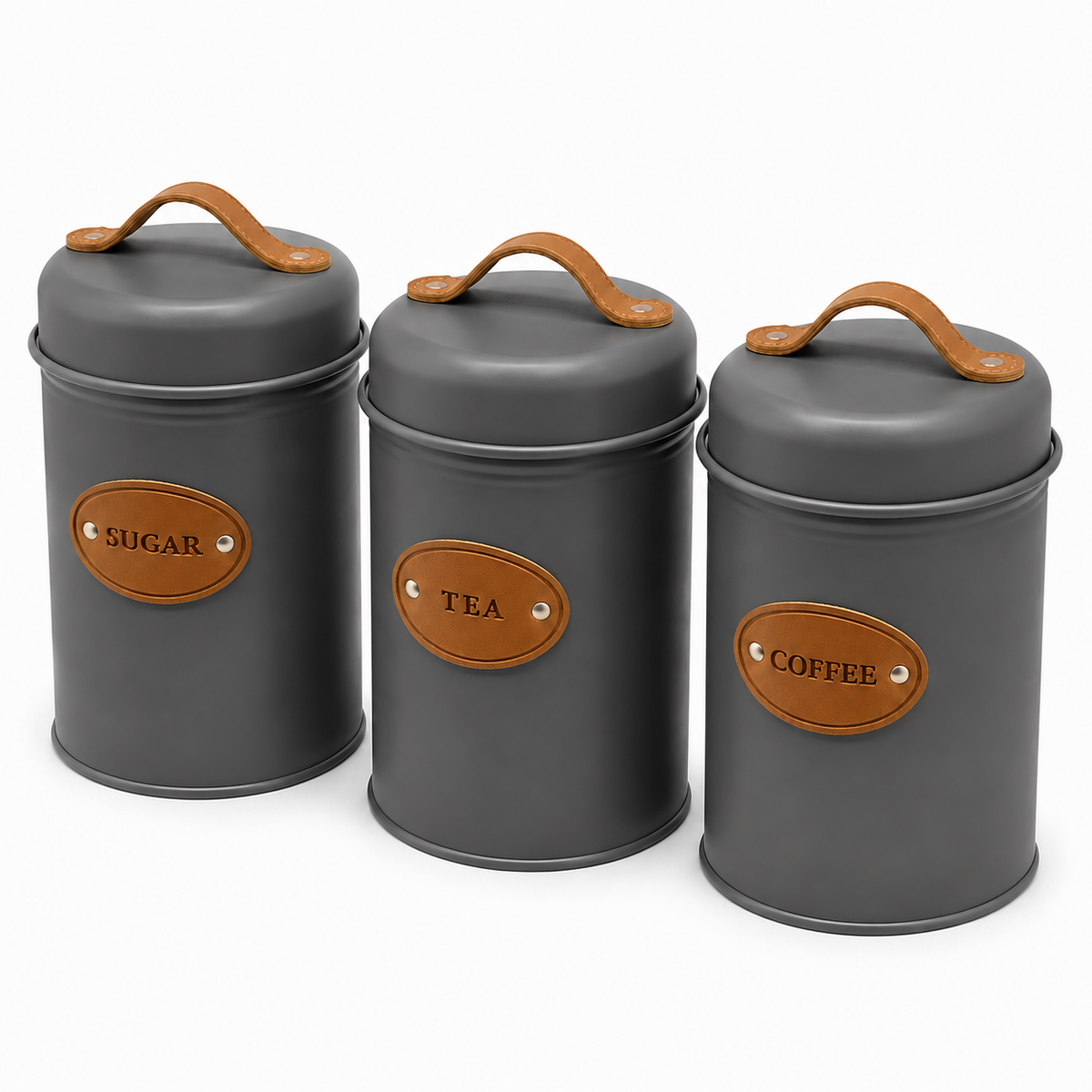 Metal Jar Set 3pc W/Leather Handle More - Image 3