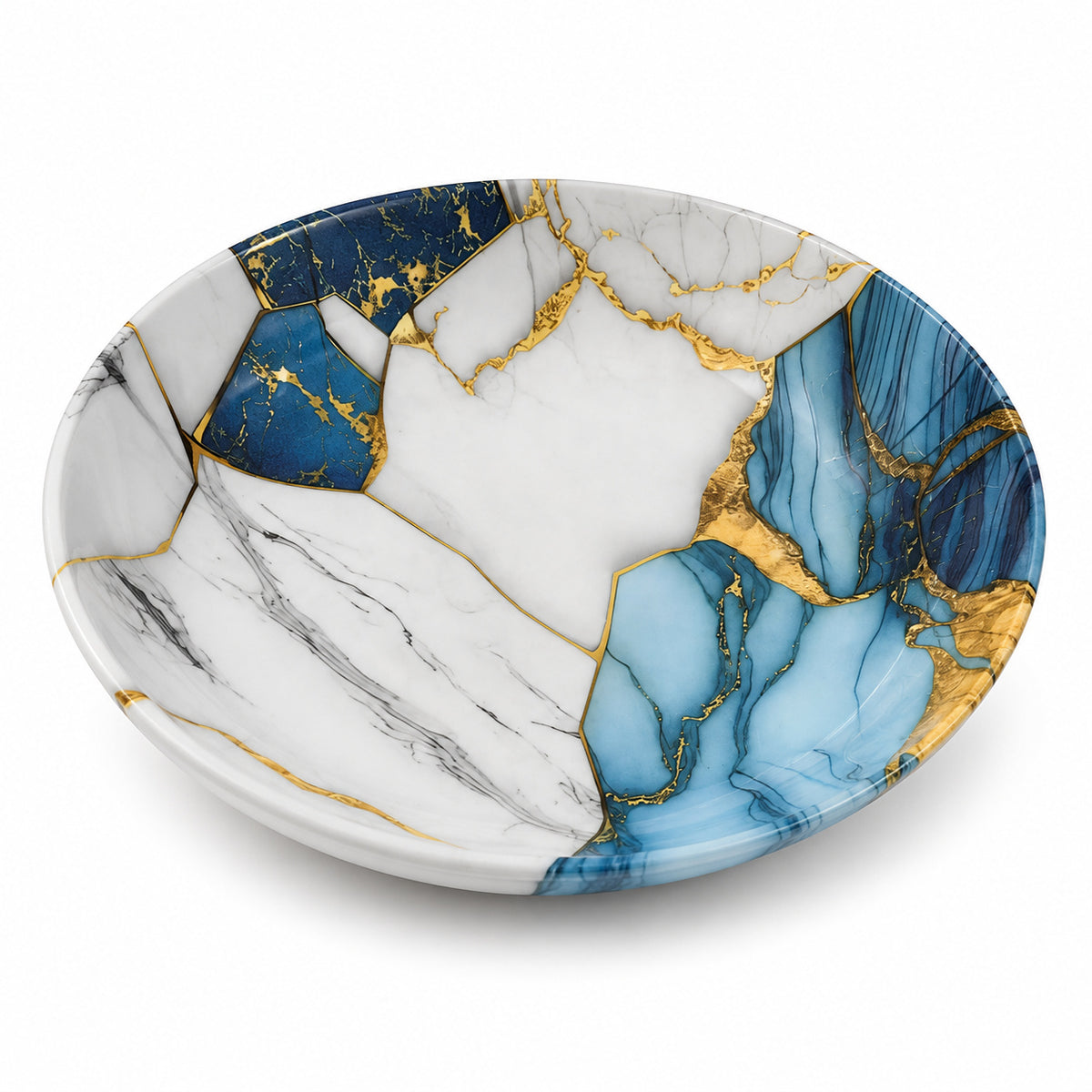 Blue and White Marble Print Double Glazed Melamine Deep Plate
